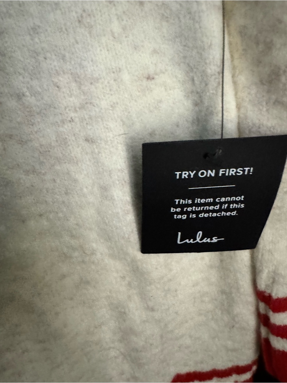 Lulu's Cream V-Neck Sweater Dress with Red Trim - Picture 7 of 8